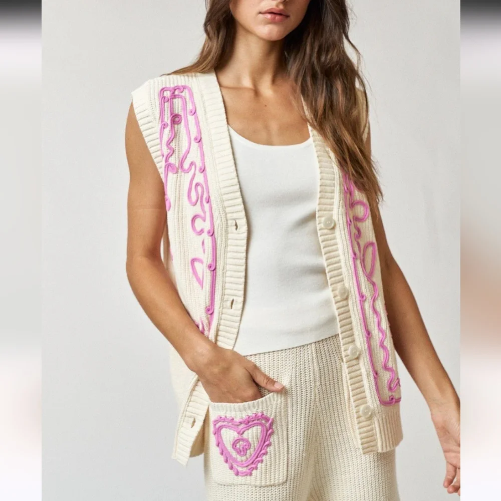 Lalavon NWT Women's Cream and Pink Embroidered V Neck Button Front Sweater Vest - Picture 4 of 14